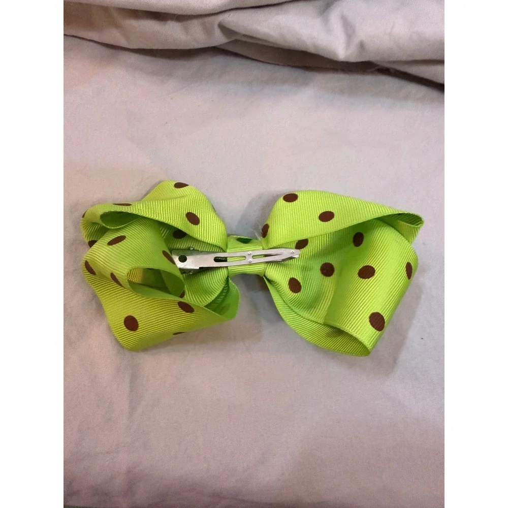 Lime Green Brown Polka Dot Grosgrain Ribbon Hair Bow Alligator Clip Kids